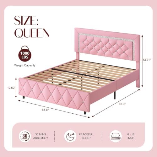 HOMBCK Queen Bed Frame with Headboard, Diamond Tufted Design, Pink