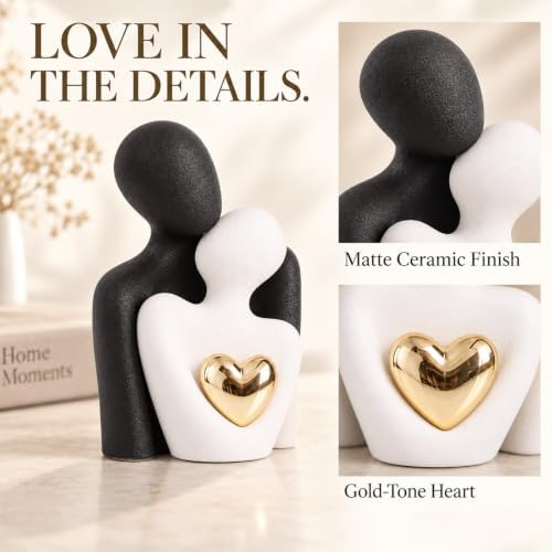 Mini Couple Statue, Ceramic Figurine for Shelf Decor, 3.15" Black and White