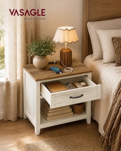 VASAGLE Farmhouse Nightstand with Charging Station, Drawer and Open Shelf