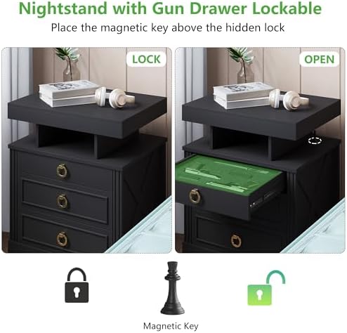 HENBC Nightstand with Gun Drawer, LED Night Stand with Charging Station, Smart End Table with Bedside Table for Bedroom/Study Room,3 Colors Human Sensor Lights Furniture (Black)