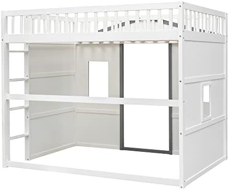 Merax Full Size Loft Bed with Wardrobe, Space-Saving House Bed Frame with Safety Guard & Ladder for Small Bedroom, White+Gray