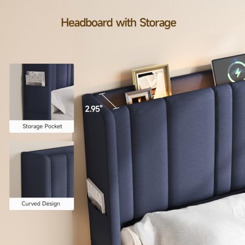 ONBRILL King Size Headboard with Storage, LED Light, Blue