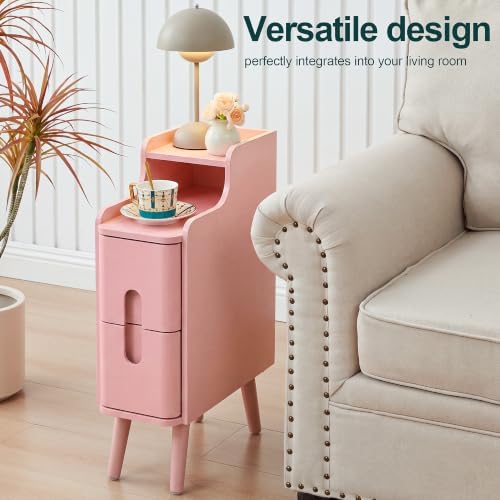 Narrow Nightstand Skinny End Bedside Table with 2 Drawers (Pink-1 pc)