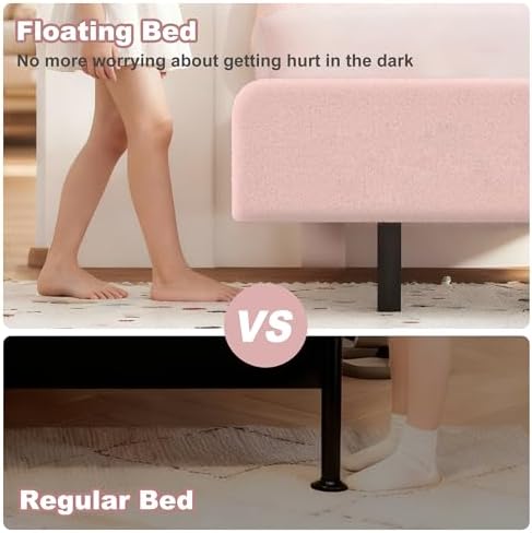 Decofy Full Size Bed Frame with Headboard and LED Lights, Cloud Floating Upholstered Bed Frames with Adjustable Headboard and Raised Footboard for Princess and Prince Bedroom, Teddy Velvet, Pink
