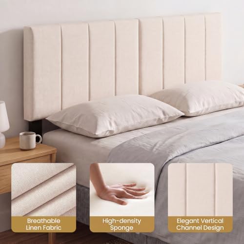 GIANTEX Linen Upholstered Headboard, Adjustable Width Vertical Channel Tufting Headboard Only with Solid Wood Legs, Attach Frame, Rectangular Headboards for Queen Full Bed, Beige