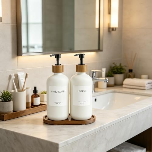 MASADI White Soap Dispenser Set with Tray, Dish and Hand soap Lotion Dispenser Set with Wooden Pump for Kitchen and Bathroom Decor for Counter, Modern Vintage Liquid Soap Dispensers