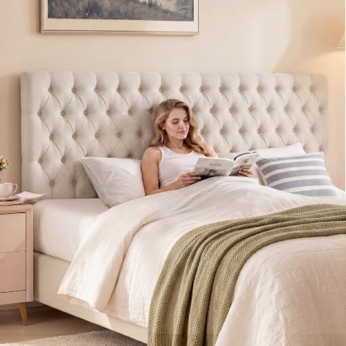 Kingfun Upholstered Queen Headboard Only, Premium Linen Button Tufted Headboards, Adjustable Solid Wood Head Board, Padded Headboard with Solid Wood Legs in Bedroom (Beige)
