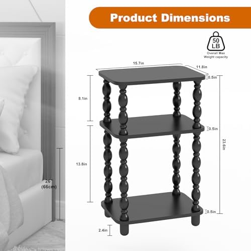 Side Table, Retro End Table with 3 Tier Shelf, Small Couch Side Table for Living Room, Vintage Farmhouse End Table, Bedroom Skinny Bedside Table Nightstand(Black)