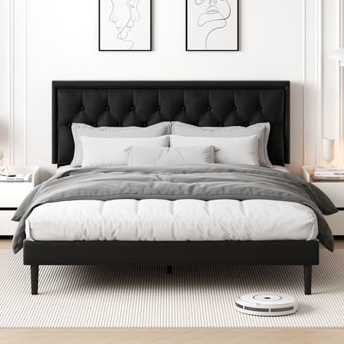 CXVX King Size Platform Bed Frame with Upholstered Velvet Button Tufted Headboard, Mattress Foundation with Wooden Slat Support, No Box Spring Needed, Easy Assembly, Noise Free, Black.