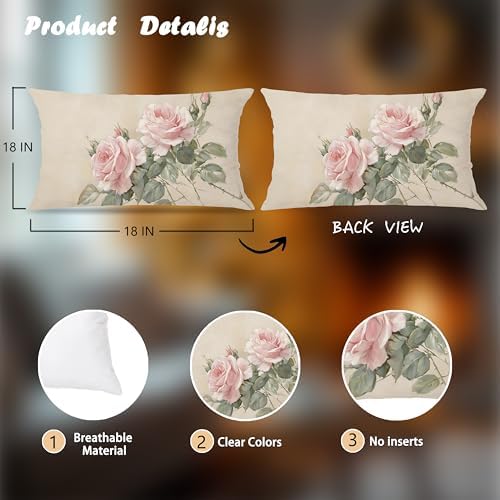 French Country Pink Rose Floral Pillow Cover 12x20 Double-Sided, Vintage Pink Flower Decorative Lumbar Throw Pillow Cover for Home Bedroom Living Room
