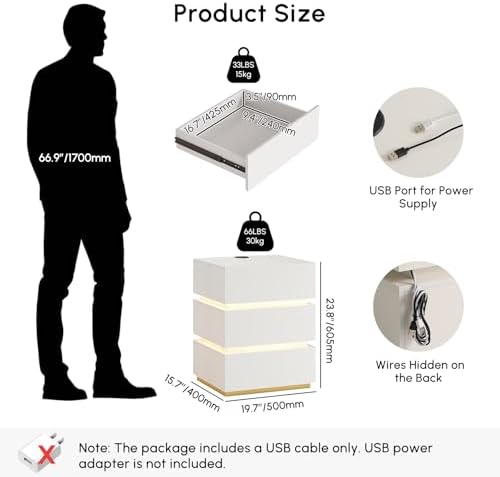 homary LED Smart Nightstand Set of 2 with Wireless Charging, USB & Type-C Ports – Modern White Bedside Table with Storage and Adjustable Light, Bedroom Night Stand with 3-Drawer