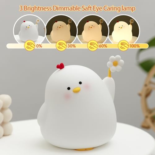 Chick Night Light for Kids, Cute Chicken LED Squishy Night Lamp Rechargeable, Novelty Nursery Lamp Animal Nightlight, 3 Levels Dimmable, Touch Lamp for Bedroom, Home Decor Gifts Stuff for Girls Boys