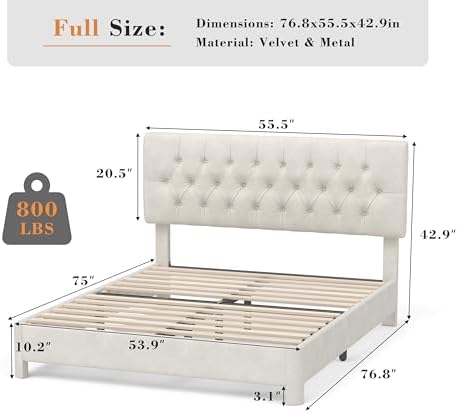 Full Size Bed Frame with Headboard, Luxury Velvet Fabric Upholstered Bed frame with Button Tufted Design, Strong Wooden Slats Support - Low & Sturdy, Noise-Free, No Box Spring, Easy Assembly, Beige