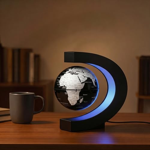 Magnetic Levitation Floating Rotating World Globe with LED Frame Lights, C Shape Levitating Globe, Touch Switch Night Light, Cool Tech Gifts for Men Dad Boys Kids, Office Desk Decor and STEM Gift
