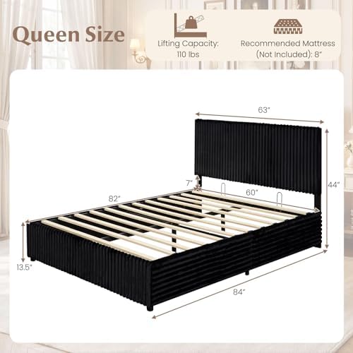 GIANTEX Queen Size Lift Up Storage Bed, Modern Corduroy Upholstered Platform w/Wingback Headboard, Hydraulic Support, Queen Bed Frame with Storage, No Box Spring Needed (Black)