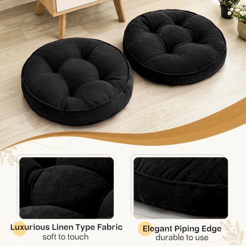 MIDDLE ONE Floor Pillow Set of 2, Memory Foam Cushion 22x22 – Round, Black