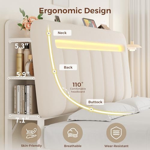 Jocoevol Queen Bed Frame with Storage Headboard,Upholstered White Bed Frame Queen Size with Storage Drawers and Charging Station,Velvet Platform Metal Bed, Noise-Free, No Box Spring Needed