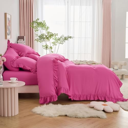 Horbaunal 5 Pcs Hot Pink Ruffle Duvet Cover Queen Size Soft Microfiber Shabby Chic Ruffled Duvet Cover Set, Vintage French Country Ruffle Bedding Set with Zipper Closure & Corner Ties, 90" x 90"