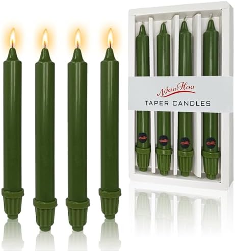 NJAO HOO Olive Green Taper Candle 8 Inch Christmas Candlesticks Unscented Dripless Handmade Candles for Home Decor Dinner New Year Party, 4 Pack