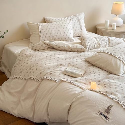 Shabby Chic Cotton Linen Duvet Cover Set 3 Pcs,68"×86" Twin Bedding