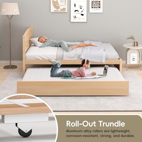 Twin Trundle Bed, Solid Wooden Pull Out Bed Frame, Extendable Day Bed with Headboard and Soild Wood Slats Support, Bedroom, Living Room, Guest Room, No Box Spring Needed (Natural)