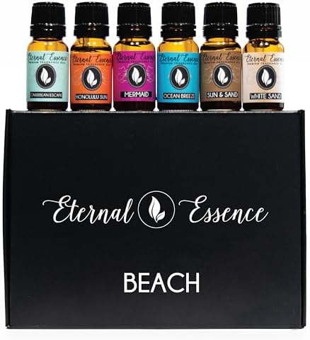 Eternal Essence Oils Beach Set of 6 Premium Fragrance Oils - Includes White Sand, Ocean Breeze, Honolulu Sun, Mermaid, Caribbean Escape, and Sun & Sand Scented Oils - 10ML