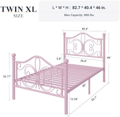 Allewie Metal Twin XL Platform Bed Frame, Butterfly Pattern Design, Pink