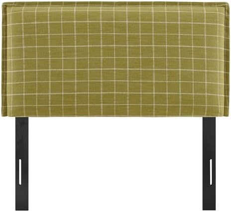 Modway Camille Twin Size Checkered Linen Blend Plaid Headboard with Removable Slipcover – in Artichoke Windowpane Check - Padded Pillow Style Headboard with Adjustable Mounting for Twin Beds