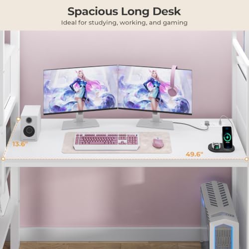 Full Size Loft Bed with Desk, Storage Stairs, LED Lights, White