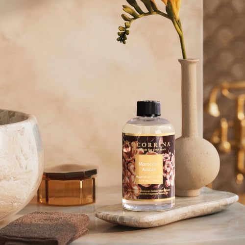 Cocorrína Reed Diffuser Refill Moroccan Amber 17oz (500ml) with 8 Sticks - Premium Long-Lasting Scented Oil, Home Fragrance for Bedroom, Bathroom Home Decor