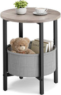 Vagusicc Small Round Side Table, Accent End Table with Fabric Basket, Drink Table Coffee Table for Small Spaces, Sofa Corner Table,Bedside Table,Modern Nightstand for Living Room, Bedroom, Gray