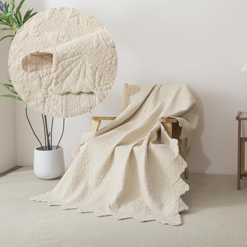 Brandream Beige Scalloped Edge Throw Quilt Cotton 47 X 60 Inch Quilted Throw Blanket for Bed Couch Daybed Decorative Throw Blankets