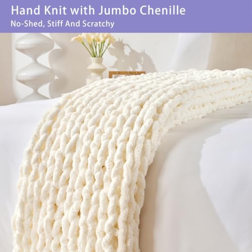 Bigacogo Chunky Knit Throw Blanket for Couch, 40x40 inches, Ivory