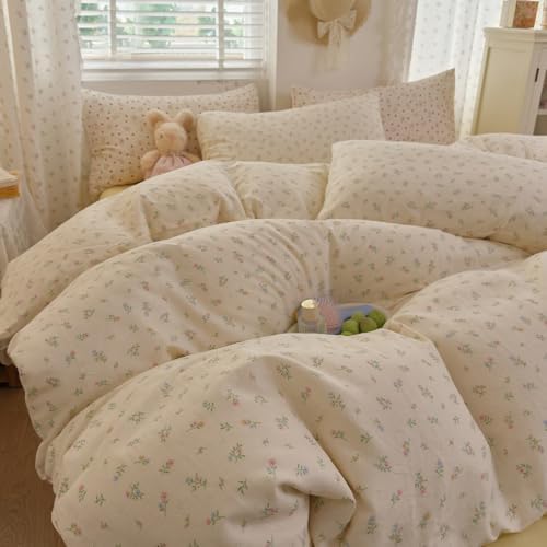 Floral King Duvet Cover Cotton Double Gauze King Comforter Cover with Zipper French Country Rustic Boho Duvet Cover Set with Ties Vintage Girls Bedding Set Soft Duvet Protector