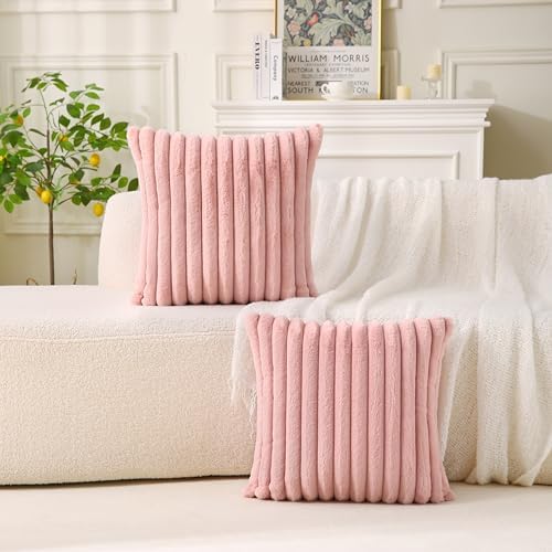 Decorative Throw Pillow with Inserts, Set of 2 Soft Faux Fur Throw Pillows, Square Boho Striped Pillow for Couch, Bed, Sofa Decor (Pink, 20" x 20"(Pack of 2))