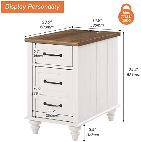 WAMPAT Side Table with Charging Station, Farmhouse Nightstand, Off White