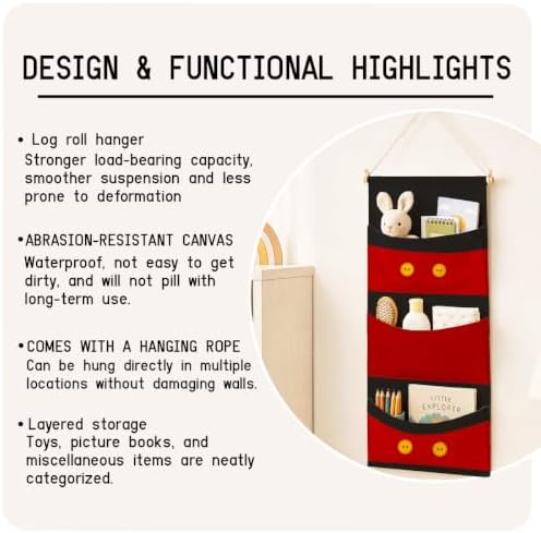 Cute 3-Pocket Hanging Wall Organizer, Red Button Over Door Storage Pockets
