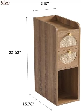 Narrow Nightstand Set of 2 (Rattan & Wood) - Small Bedside Table with 2 Drawers, Open Shelf, Mid Century Modern End Table - for Bedroom, Living Room & Small Spaces, Rustic Oak Rattan
