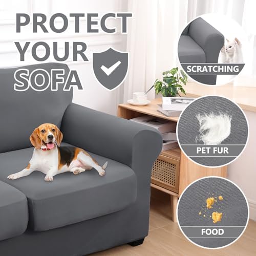 hyha 4 Pieces Couch Covers for 3 Cushion Couch, Sofa Covers Washable Soft Sofa Slipcovers, Stretch Couch Covers for Dogs, Furniture Protector with Elastic Straps (Sofa, Dark Gray)