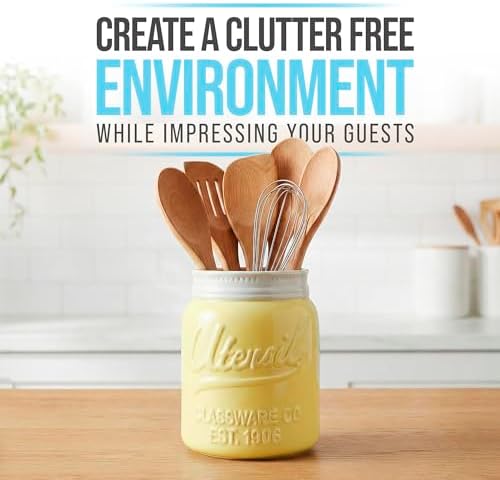 Comfify Yellow Mason Jar Utensil Holder – Wide Mouth Ceramic – Farmhouse