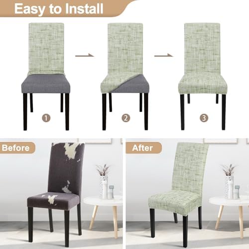 SearchI Dining Room Chair Covers Set of 6, Stretch Printed Parsons Chair Slipcovers Removable Washable Kitchen Chair Protector Cover for Dining Room, Hotel, Ceremony (Green Linen-Look Print)