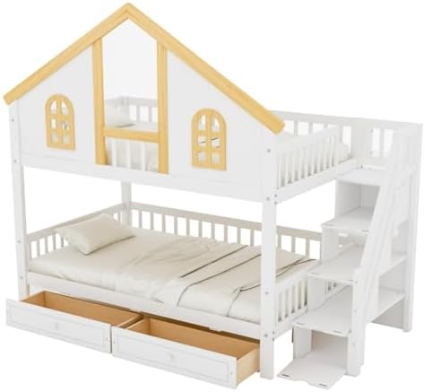 Full Over Full Size House Bunk Bed with Trundle & Storage Stairs