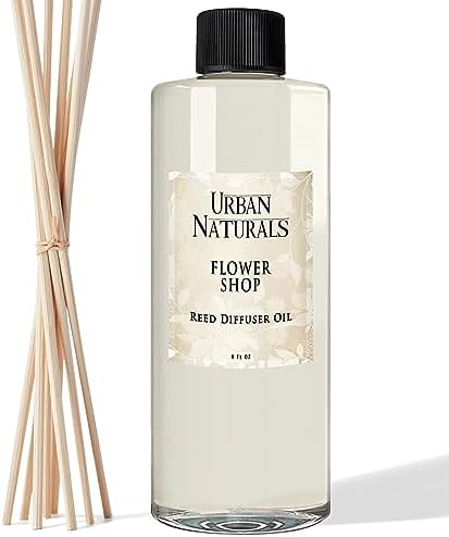 Urban Naturals Reed Diffuser Oil Refill Flower Shop with Violets, Daisies, Green Stems, Hyacinth, Rose 8 oz + Free Reed Sticks, Made in the USA