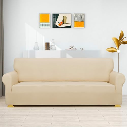 ZNSAYOTX Couch Covers for 3 Cushion Couch High Stretchy Spandex Pet Friendly Sofa Slipcover 1 Piece Non Slip Couch Covers Large Furniture Protector (Beige Yellow, Sofa)