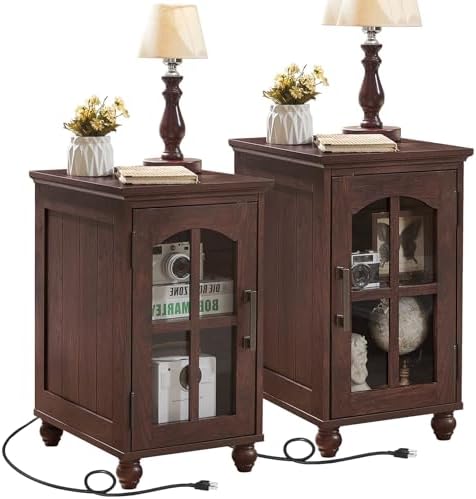 Narrow Side Table Set of 2, Farmhouse Nightstand with Charging Station