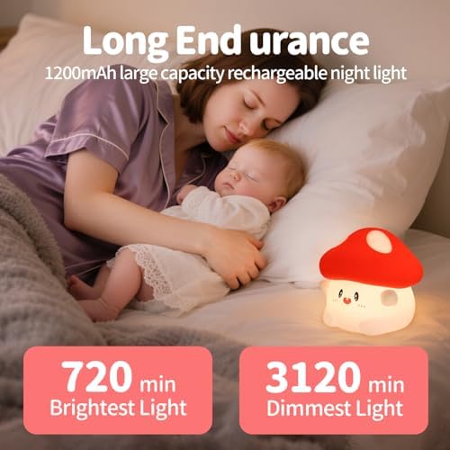 Rytinazzz Silicone Night Light for Kids, 50H Long Battery Mushroom Lamp, RGB Color Changing Mood Light, Gift for Kids, Rechargeable Tap Control, Dimmable Bedside Light