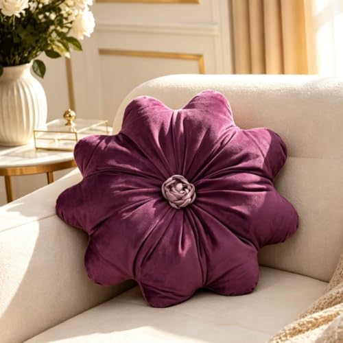 Flower Shaped Decorative Throw Pillow, 15.7" Round Flower Cushion -Purple