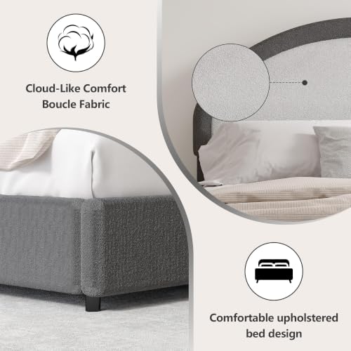 REVOMINCA Queen Upholstered Bed Frame, Boucle Queen Bed Frame with Headboard, Grey Bed Frame, Soft Rounded Corners, No Box Spring Required, Easy Assembly