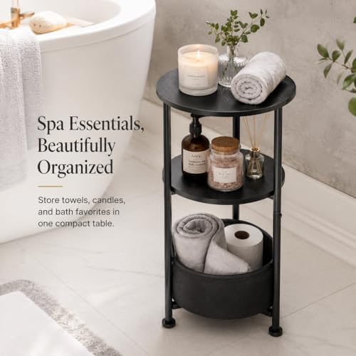 3-Tier Small Round Side Table with Storage Basket, Black