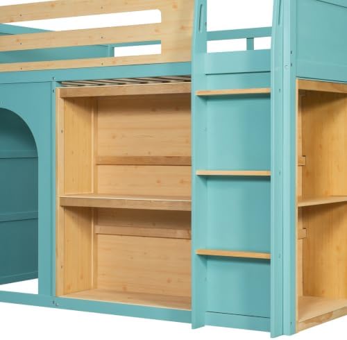 LUMISOL Full Size Loft Bed with Storage and Bookshelf, Playhouse Wooden High Sleeper Bed with Guardrails and Ladder, Space Saving Loft Bed for Kids Boys and Girls, Blue